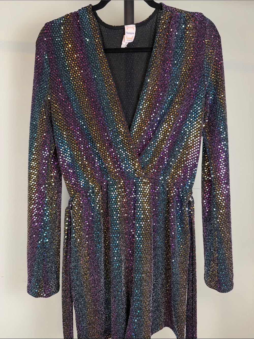 🪩Votique LA Rainbow Sequin Iridescent Metallic Mesh Wrap Romper Size Small NYE
